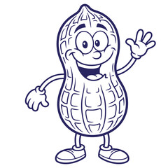 Naklejka premium Cheerful peanut mascot character waving hello, a clean and simple monochrome cartoon illustration of a shelled nut suitable for food branding projects, character