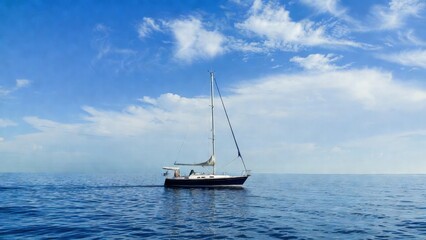 Fototapeta premium Sailboat resting on calm sea under expansive blue sky horizon