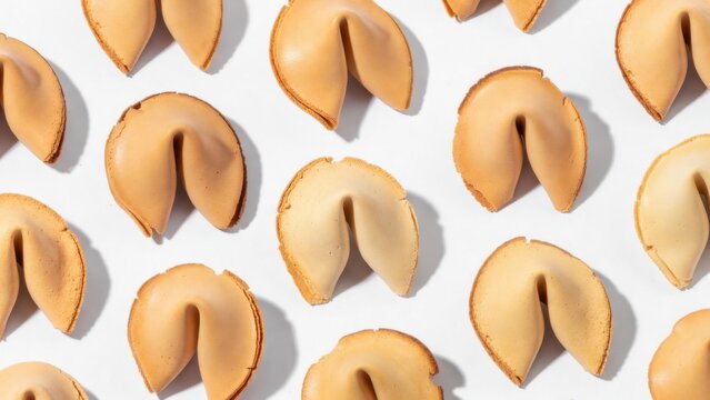 Rows of fortune cookies casting shadows on white surface
