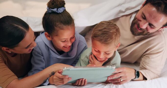 Happy, tablet and parents with kids on bed for watching movies, online videos and bonding. Family, home and children with mom, dad and tech for connection, internet and relax together on weekend