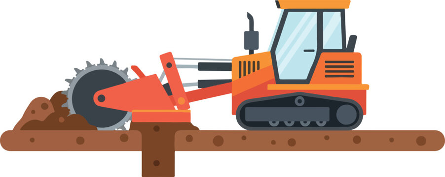 Trencher Machine Cutting Soil for Road Construction and Underground Utility Work