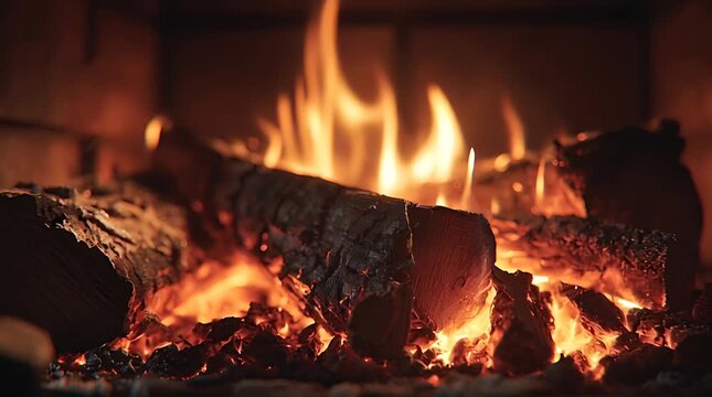Cozy fireplace with burning logs and warm glowing flames
