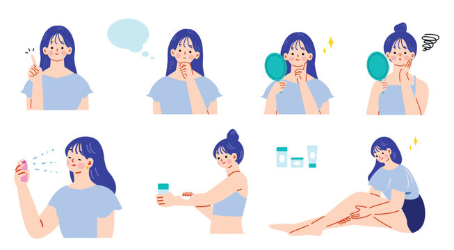 ボディケアをする女性のイラストセット