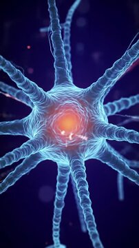 Detailed 3D Rendering of a Neuron Cell Showcasing Intricate Dendrites and Glowing Nucleus Symbolizing Neural Connections in Medical and Scientific Illustration