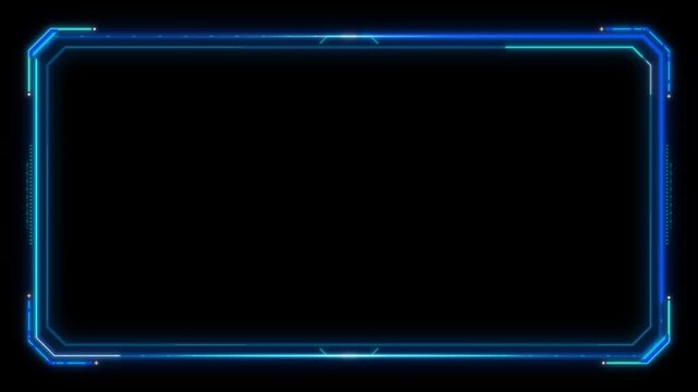 Rectangular futuristic digital interface frame with glowing blue and cyan neon lines on a black background