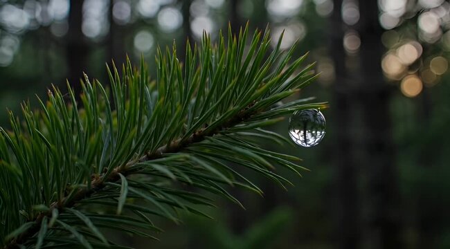 Close-up of a pine branch with a water droplet reflecting the forest background a detailed close-up shot of a green branch, with a single, clear hanging from a needle