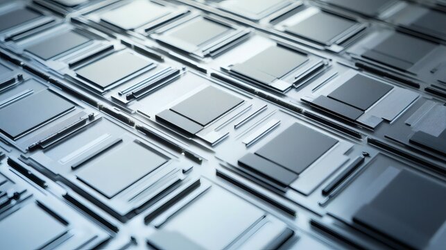 Minimalist industrial photograph of silicon wafer microchip matrix, modern semiconductor technology background