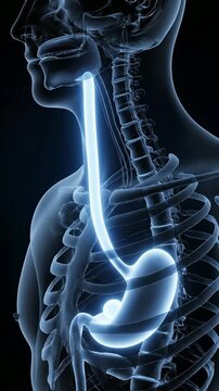 Detailed Anatomical Illustration Highlighting the Human Digestive and Respiratory Systems with Glowing Effects Against a Dark Background for Medical and Educational Use