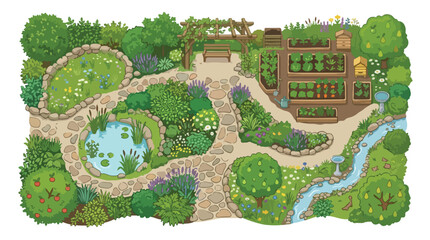 Fototapeta premium Lush garden landscape illustration, detailed backyard garden plan with pond and vegetable beds, sustainable permaculture garden design vector
