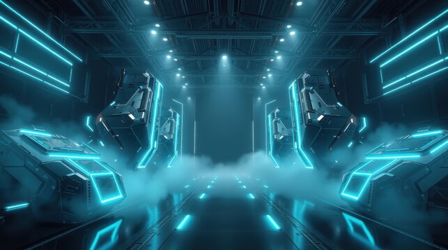 Futuristic hangar interior. Blue lighting illuminates sleek spacecraft, fog fills space. Metallic walls create symmetrical perspective.