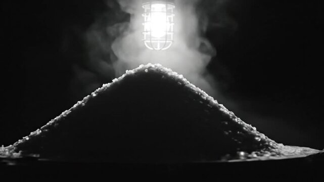 Dramatic black and white close-up shot of a pyramid of salt beneath a caged light, steam rising