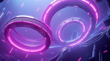 Fototapeta premium Futuristic rings glow brightly. Neon lights create abstract tunnel effect. Dark background emphasizes vibrant colors, technology theme.