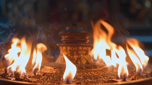 Burning Oil Lamps During Hindu Aarti Ritual Worship at Temple Shrine