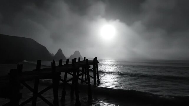 Dramatic black and white landscape of a dilapidated pier on a moody coastline with bright sun.