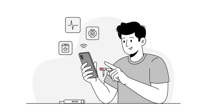 Man using smartphone with medical test kit and health icons