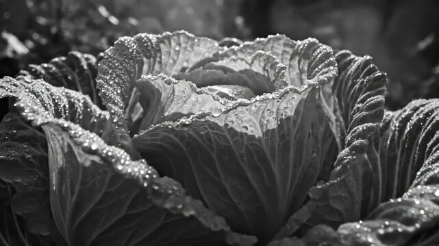 Black and White Macro Close-up of Dew-covered Cabbage Leaves with Steam Rising Around