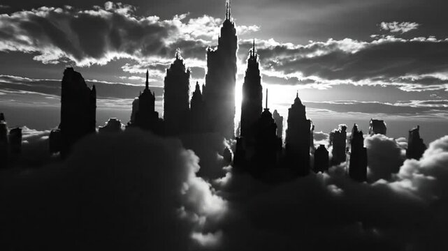 Epic Black and White Shot of Skyscrapers Silhouetted by the Sun Emerging From a Sea of Clouds