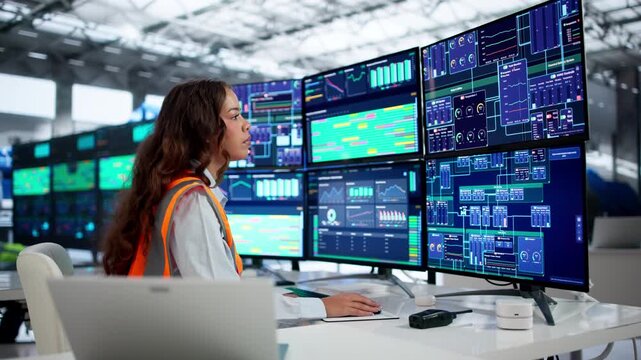 Woman Operates Engine At Industrial Plant Powering Gas