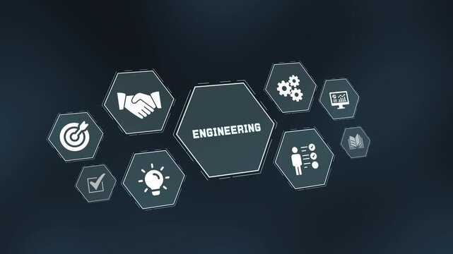 Technical engineering and systems development concept featuring abstract digital hexagon icons on dark backdrop
