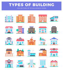 Fototapeta premium flat building icons with diverse architectural styles and colors.