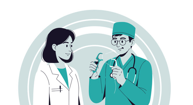 Dentist holding dental floss dispenser with patient behind, dental care concept