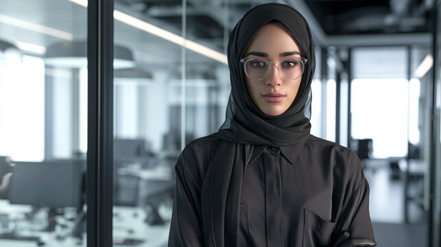 A confident young woman wearing a hijab and glasses in a modern office setting