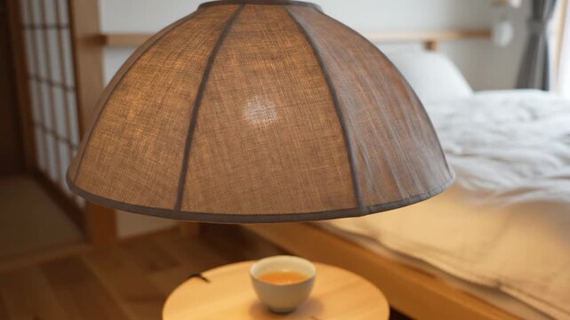 Warm bedside lamp with cup on wooden table