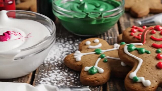 Making Gingerbread Men: Preparing and Decorating Christmas Cookies with Red and Green Food Coloring