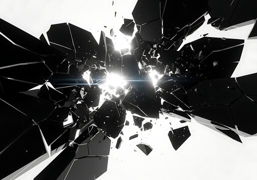 Abstract black and white shattering glass fragments with bright light effect