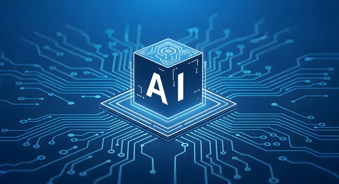 A futuristic AI cube sits on a circuit board with glowing blue lines and dots.