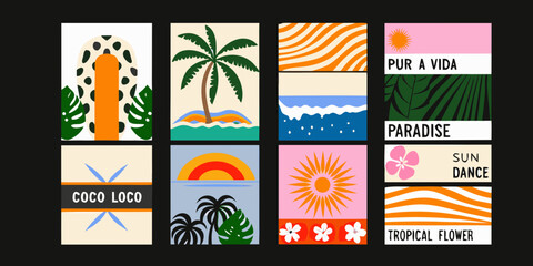 retro tropical poster set with palm trees and floral elements © ChandanaRani