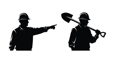Construction worker silhouettes with pointing gesture and shovel © Foaje512