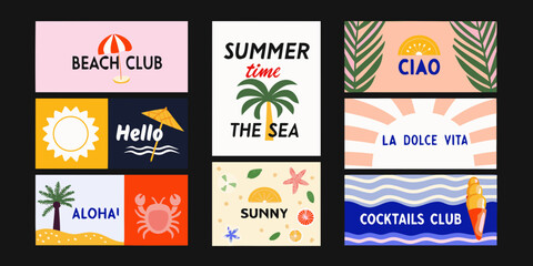 Fototapeta premium Summer themed posters collection vibrant hand drawn style illustrations