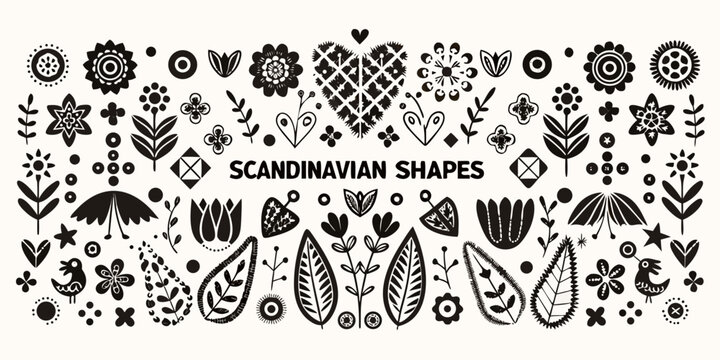 scandinavian folk art floral pattern black and white illustration