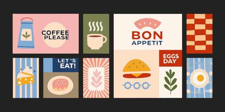 retro caf poster grid collection of twelve illustrated food and drink designs