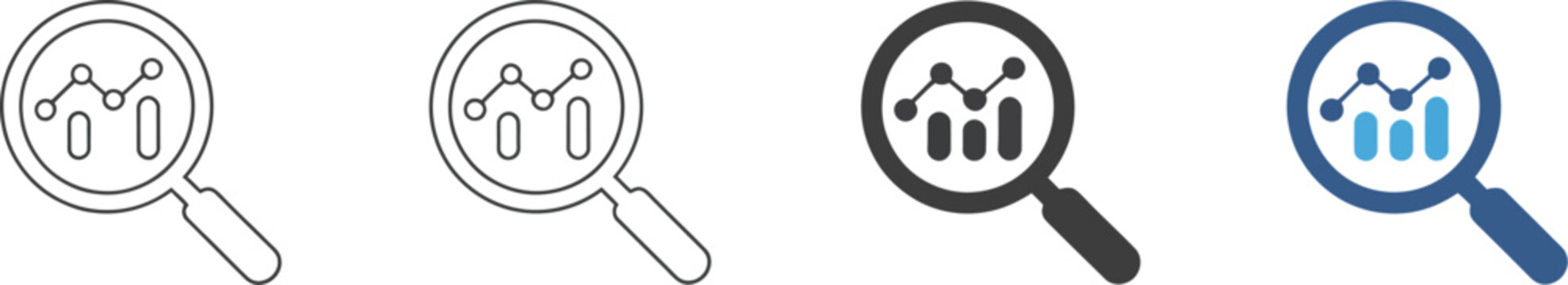 Analytics icon with magnifying glass and line chart vector illustration showcasing business intelligence, performance tracking, dashboard reporting, data monitoring, research, and visualization tools.