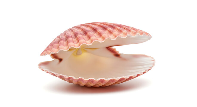 An open pink scallop seashell with ridged textures and a smooth pearlescent interior on a white background.