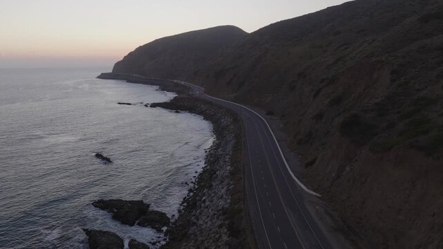 Dusk Car Tracking Winding Oceanside Pacific Coast Highway PCH Aerial 
