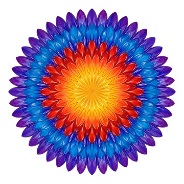 A colorful flower like mandala with purple, blue, red, and yellow petals
