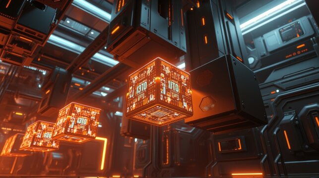 Futuristic interior. Glowing cubes suspended within complex metallic structure. Orange illumination dominates dark space. High detail rendering.