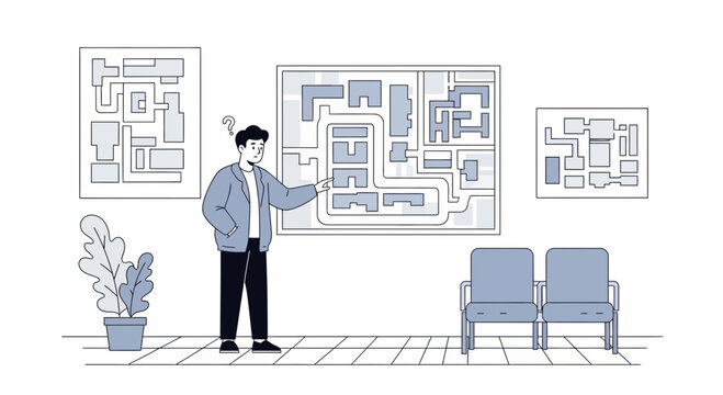 Confused Man Looking at Building Maps in Waiting Area