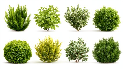 Obraz premium A collection of eight diverse green shrub and bush plants arranged in two rows of four, presented as a set of isolated objects