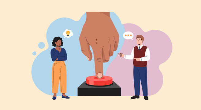 Decision making concept vector illustration of diverse people deciding to push a large red button
