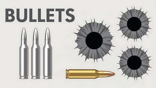 Bullets and shattered wall concept with ammunition and impact background