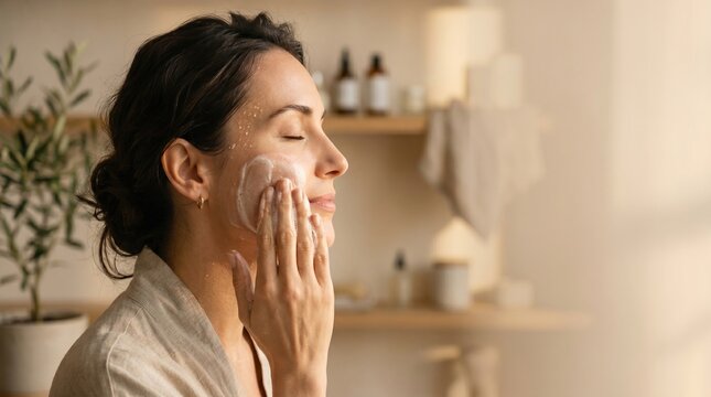 Close up of a woman applying skincare cream on her face in a cozy bathroom setting