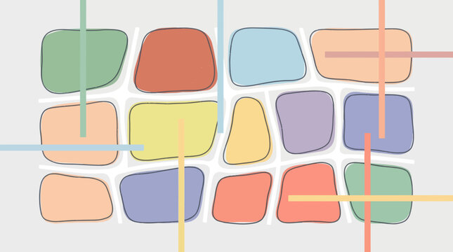 Abstract mosaic of rounded color blocks on a pale grid background in pastel tones, a modern geometric art composition for design, decor, and branding.