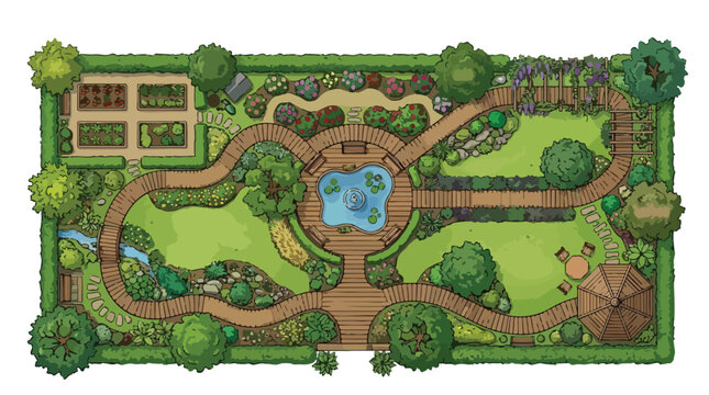 Landscape garden plan vector illustration, top view backyard design with pond and walkways, architectural park layout with trees and patio