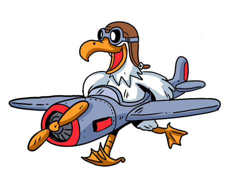 seagull pilot with hat and gogle flying on a retro air plane cartoon style