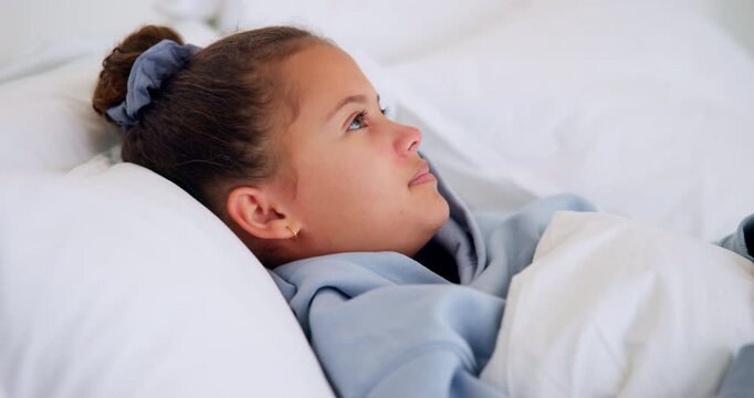 Sick, girl and bed with cough, virus or fever for influenza, symptoms or viral infection in home. Child, kid and cold with flu or sinus in bedroom sheets for hayfever, allergy or germs in house