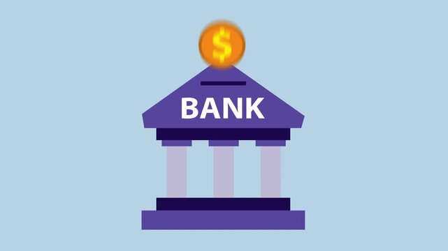 Bank building with a golden coin, investments and finance savings concepts 2d Animation with Alpha Matte